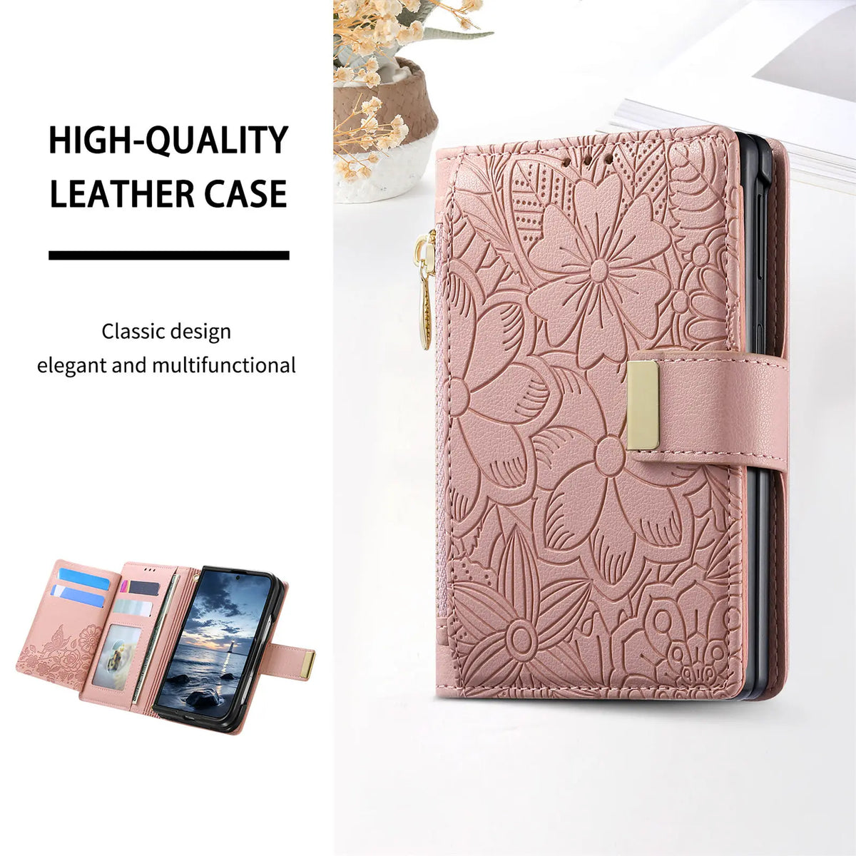 Embossed Leather Wallet Flip Case with Adjustable Stand for iPhone Duo
