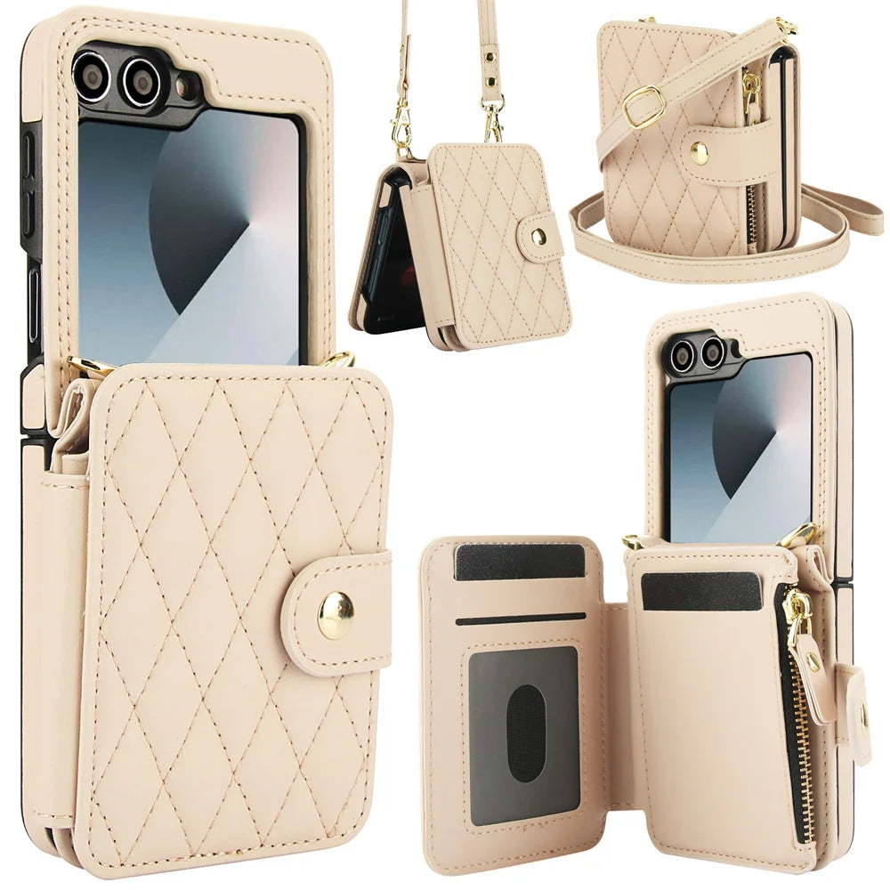 Premium Leather Crossbody Case with Card Holder & Wrist Strap for Samsung Galaxy Z Flip 6