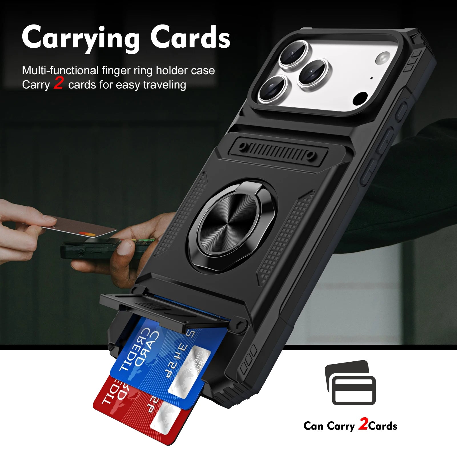 iPhone 17 Series Armor Protective Magnetic Case with Metal Ring Stand & Card Holder Back