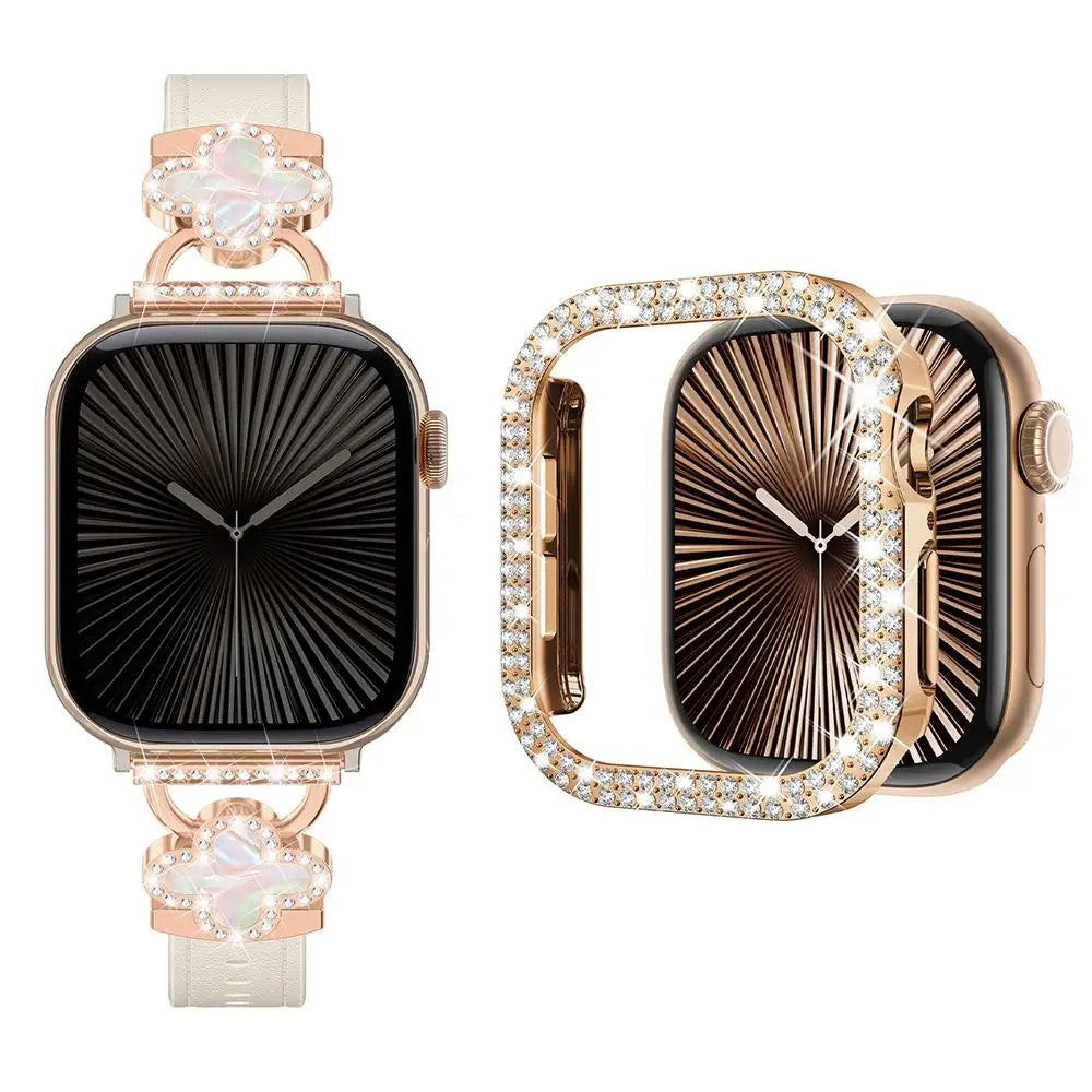 Elegant Leather Bracelet Strap with Dimond Case for Apple Watch Series 10