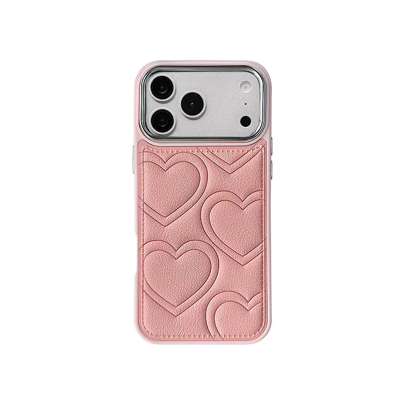 Embossed Heart Leather Case with Raised Camera Frame for iPhone 18 Series