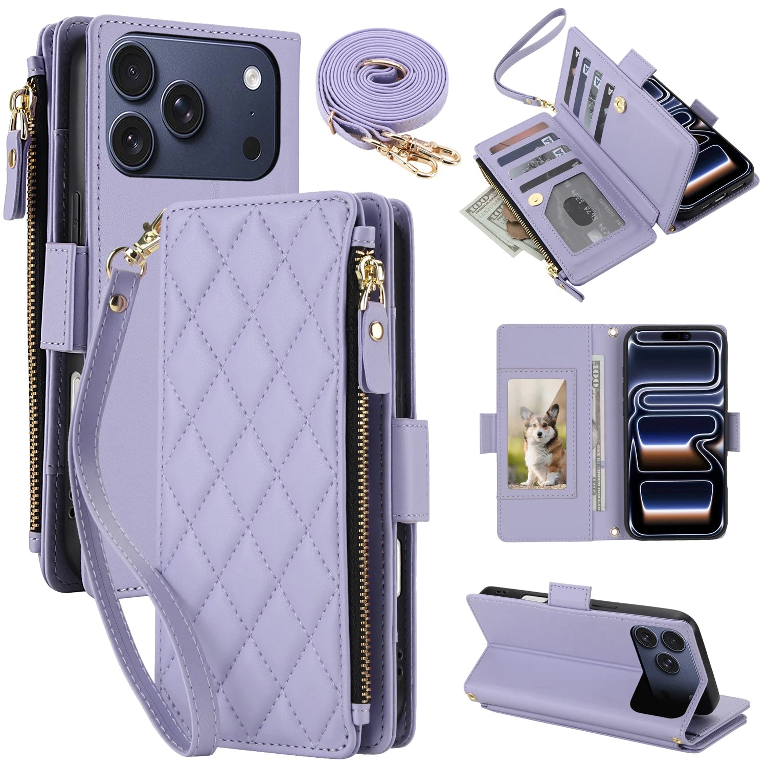 Crossbody Leather Wallet Case with Zipper and Card Slots for iPhone 17 Series