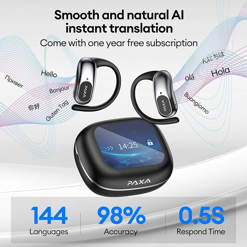 PAXA OpenAirUltra 3-in-1 AI Translation Earbuds with Color Touch Screen