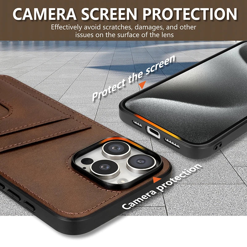 Premium Leather Protective Case with Card Holder Pocket for iPhone 16 Series
