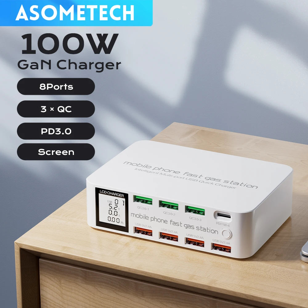 ASOMETECH 100W GaN Multi-Port USB Charger 8 Ports with Quick Charge and Digital Display