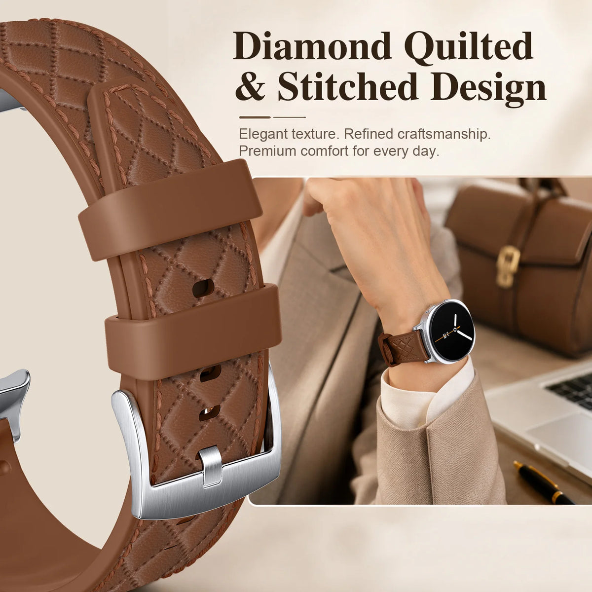 Silicone-Leather Hybrid Quilted Watch Strap for Samsung Galaxy Watch 9