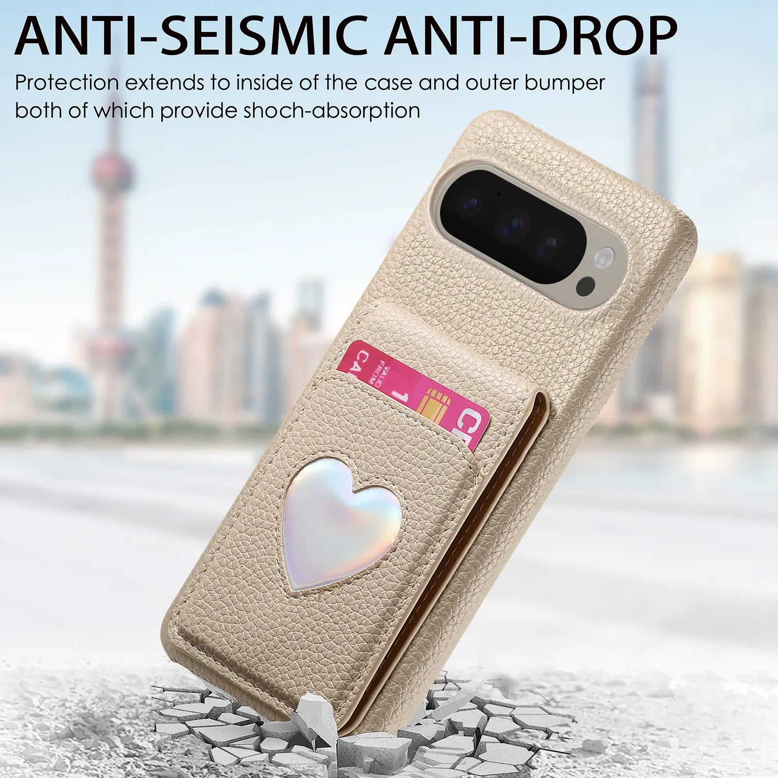 RFID Blocking Wallet Case with Makeup Mirror & Heart Design for Google Pixel 9 Series