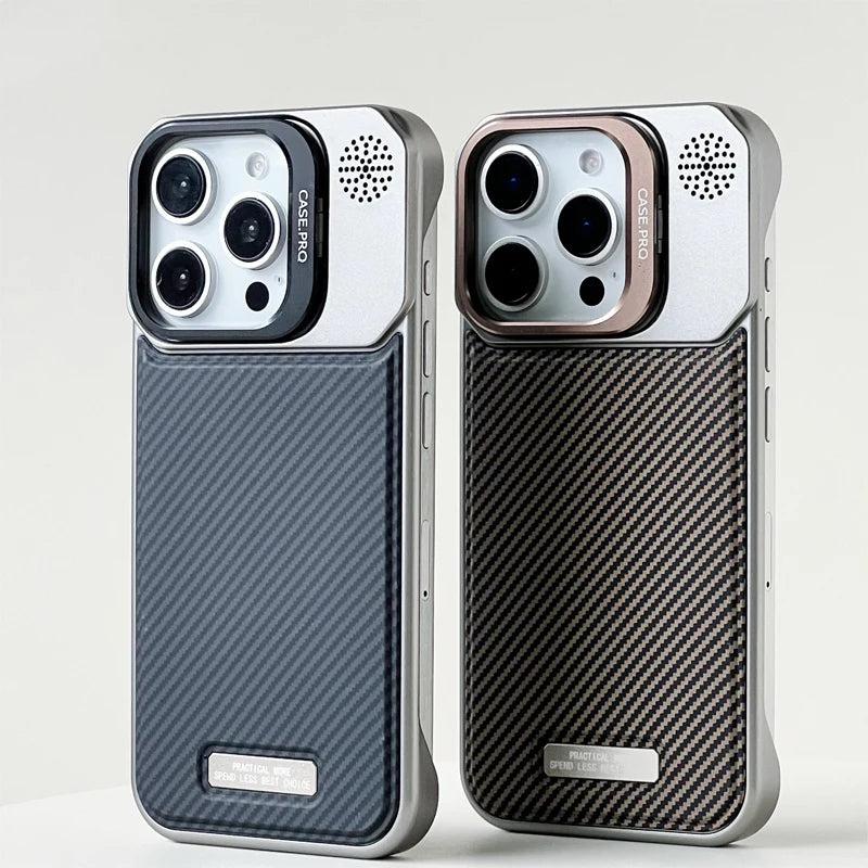 Carbon Fiber Pattern MagSafe Case with Alloy Lens Holder for iPhone 16 Series
