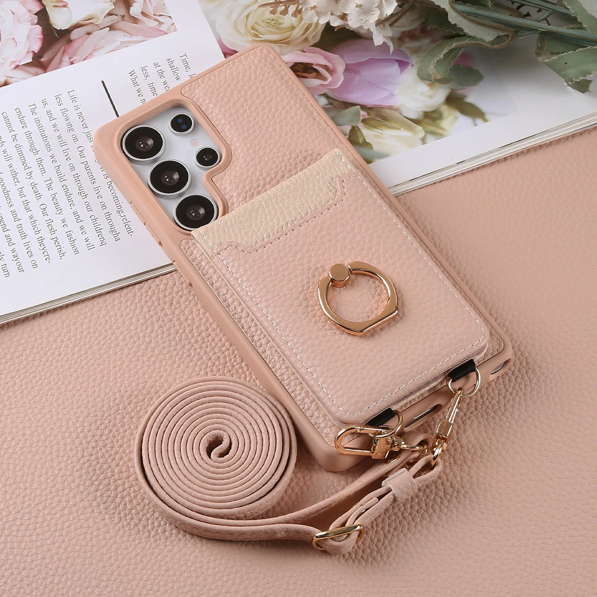 Lychee Grain Leather Crossbody Case with Adjustable D-Ring Strap and Card Wallet for Samsung Galaxy S23 Series