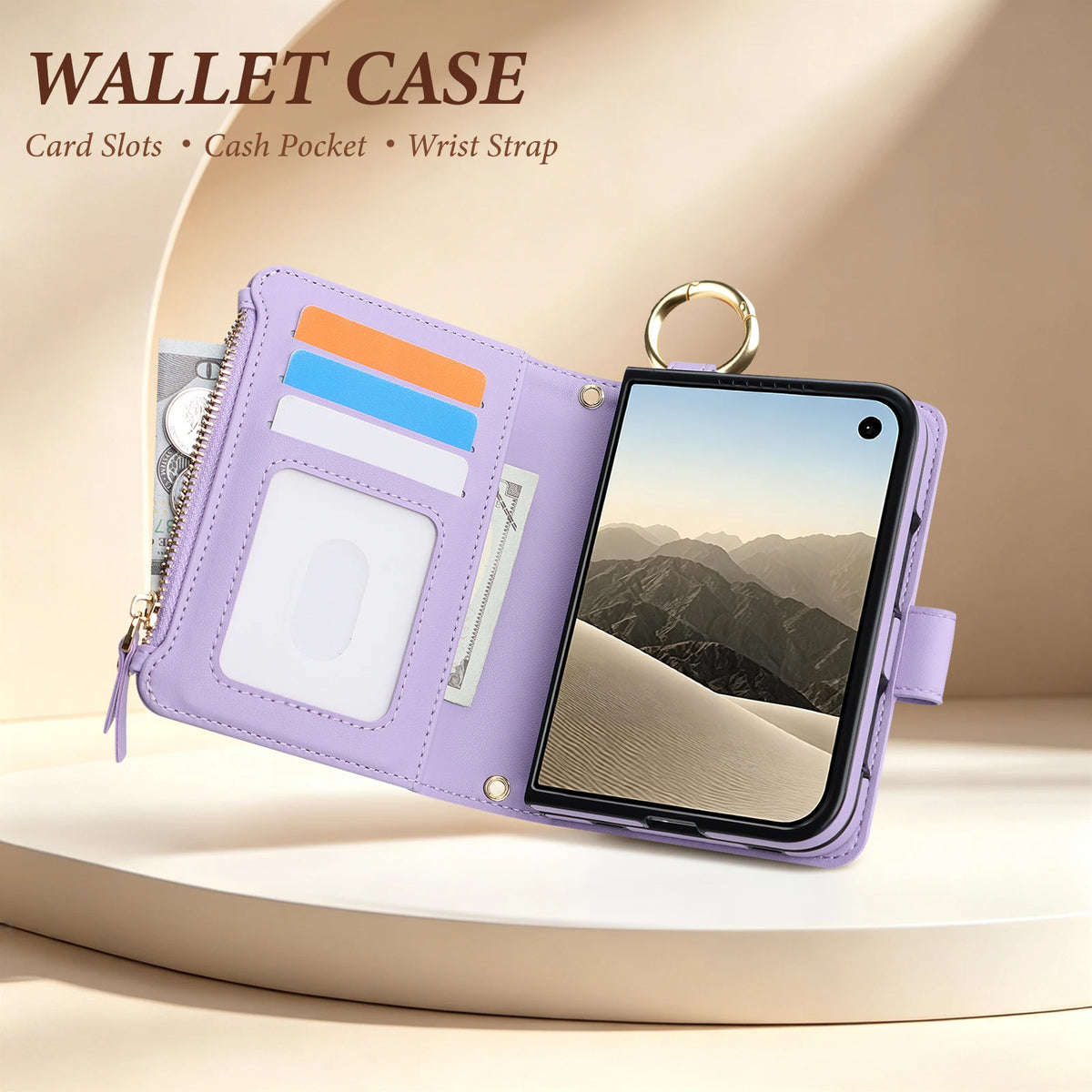 Zipper Wallet Case with Ring Hanger and Card Slots for iPhone Duo