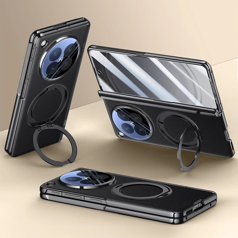 OPPO Find N6 Premium Leather PC Case with Rotating Ring Holder Stand and Privacy Glass