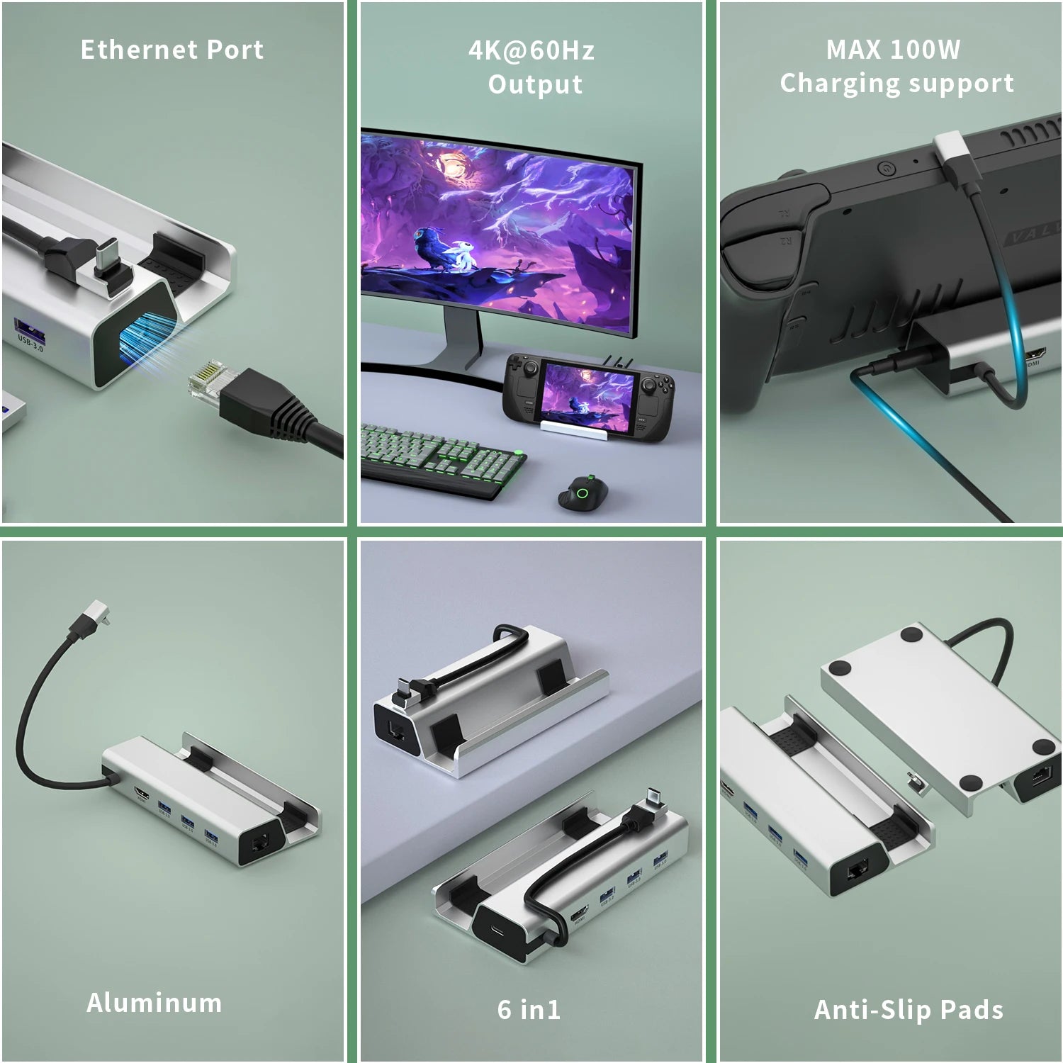 Aluminum 6-in-1 Hub Docking Station for Steam Deck