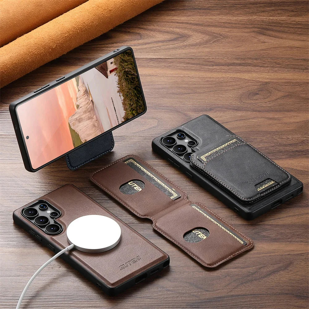 Samsung Galaxy S25 Ultra Magnetic PU Leather Case with Detachable Card Holder