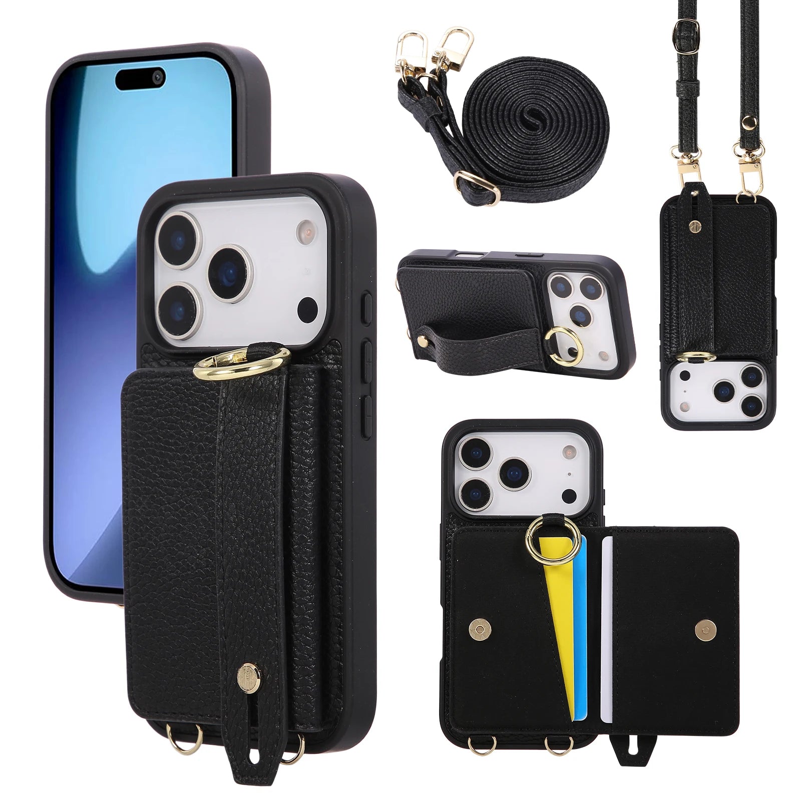 iPhone 17 Series Wallet Case with Crossbody Lanyard and Ring Holder