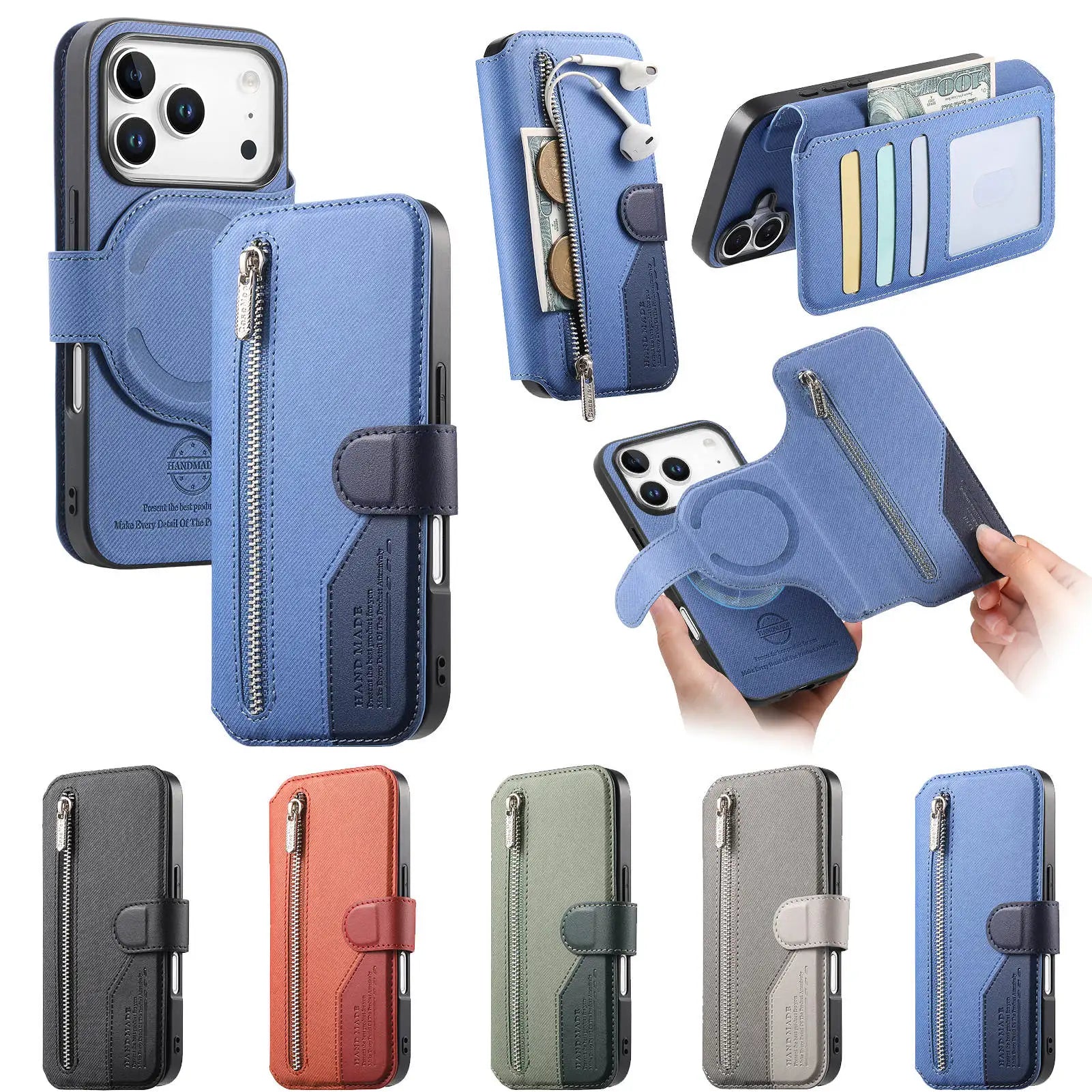 Shockproof Leather Flip Case with Detachable Zipper Wallet for iPhone 17 Series
