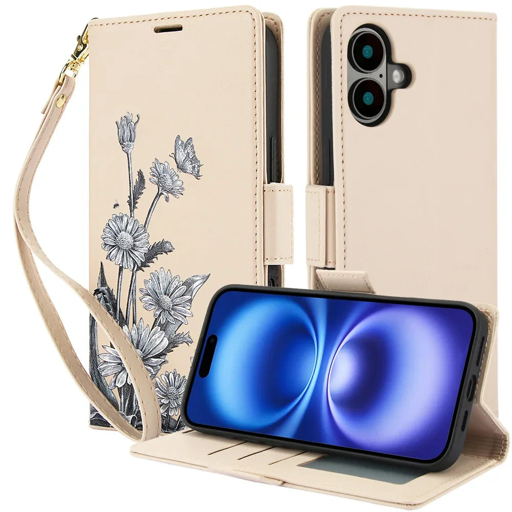 Premium Leather Flip Case with Card Slots & Wrist Strap for iPhone 16 Series