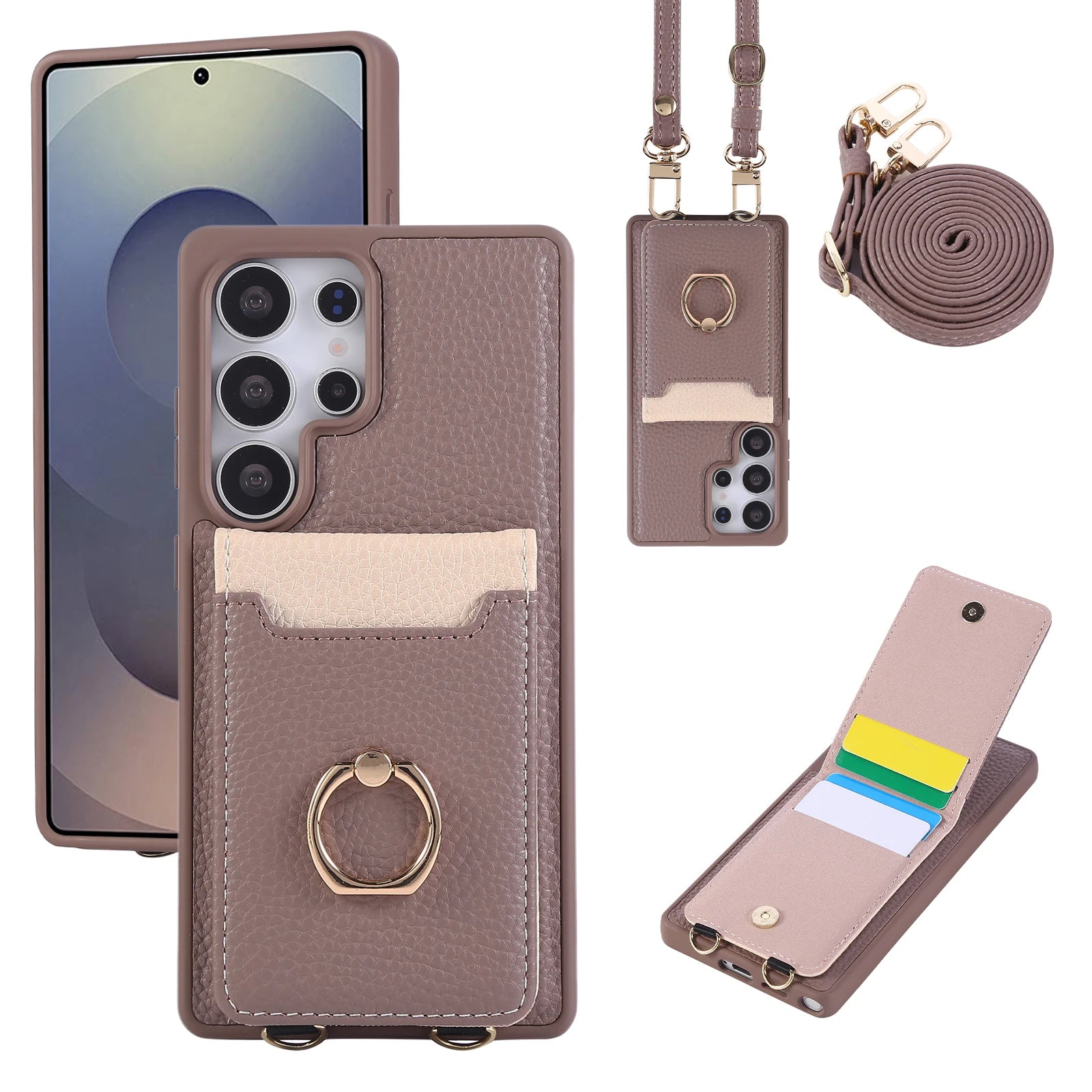 Lychee Grain Leather Crossbody Case with Adjustable D-Ring Strap and Card Wallet for Samsung Galaxy S23 Series