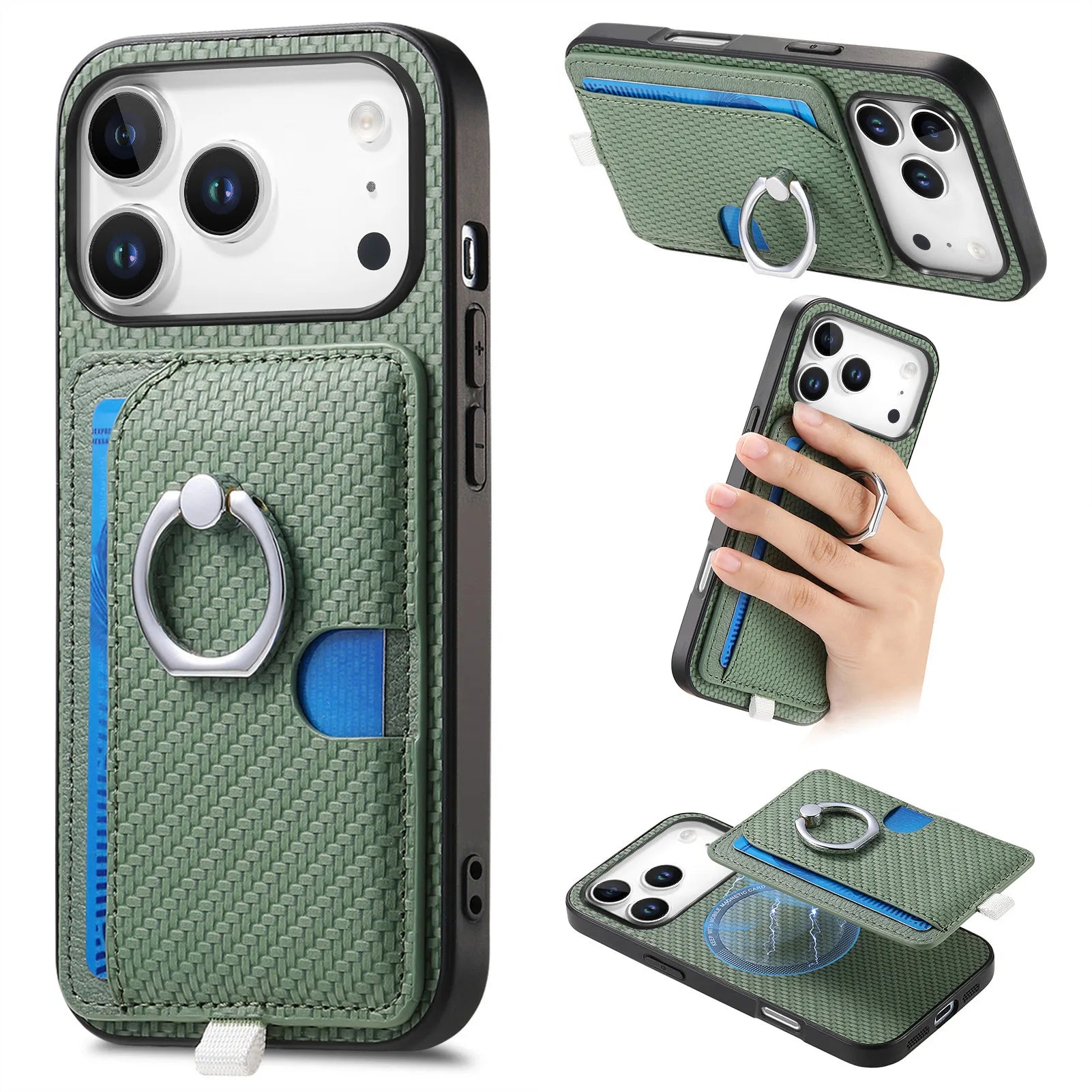 Premium 2-in-1 Carbon Fiber Pattern MagSafe Case with Built-In Card Slot & Ring Holder for iPhone 17 Series