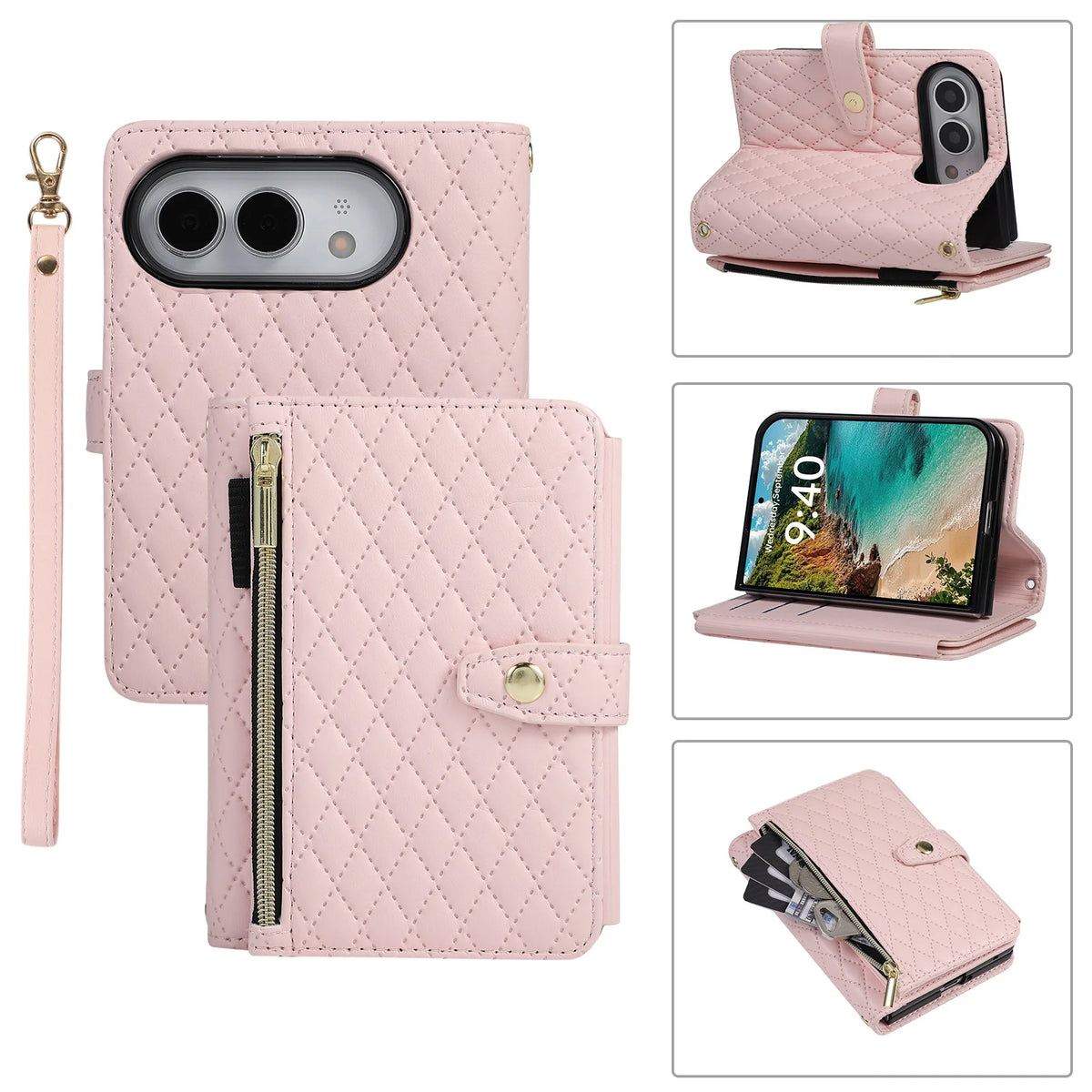 Quilted Leather Crossbody Lanyard Case with 9-Card Wallet for iPhone Duo