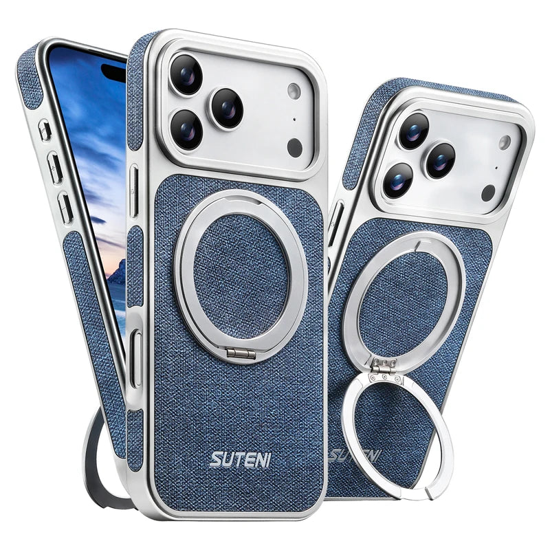 Denim Pattern PU Leather MagSafe Case with 360° Rotating Ring Stand for iPhone 17 Series