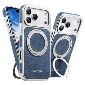 Denim Pattern PU Leather MagSafe Case with 360° Rotating Ring Stand for iPhone 17 Series