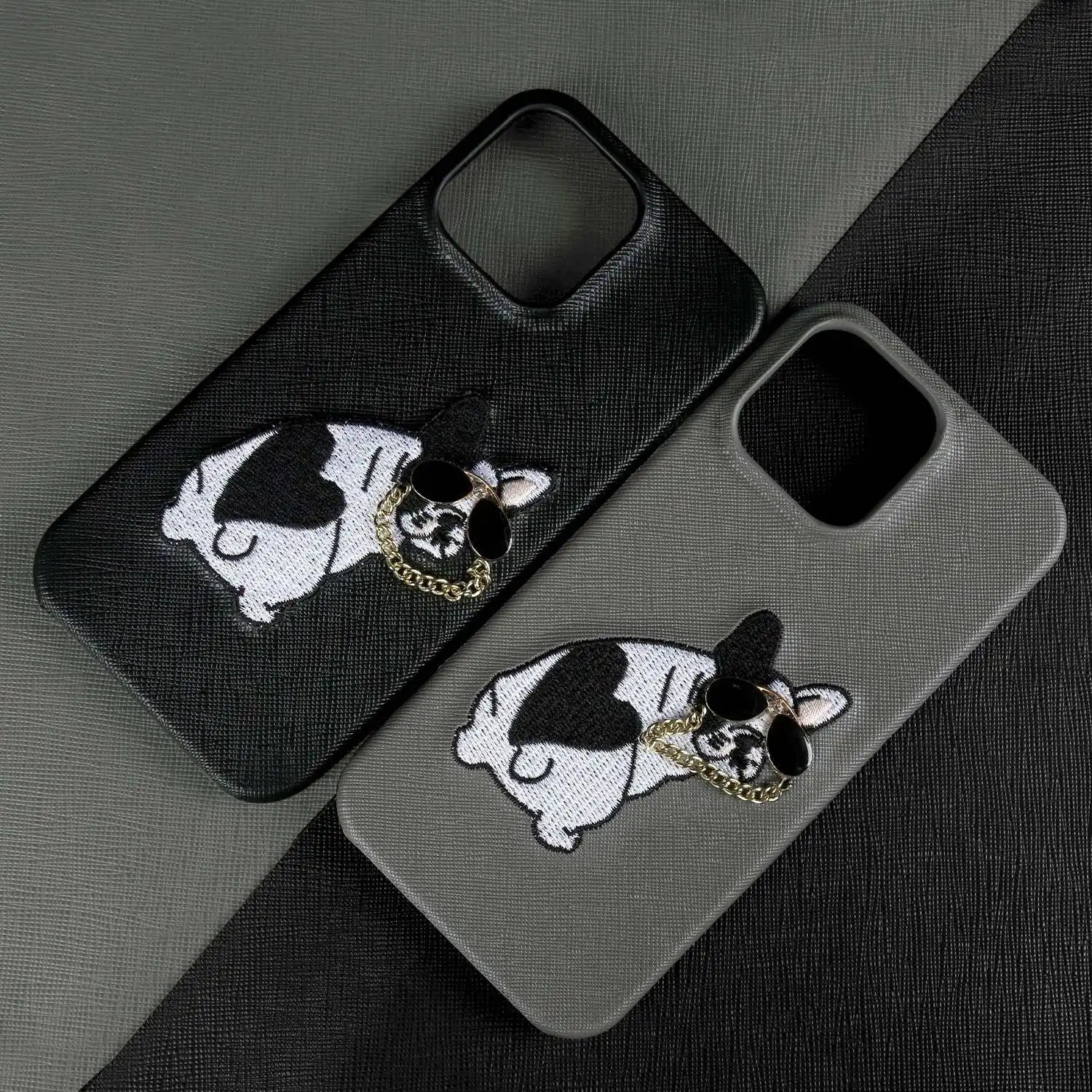 iPhone 15 Series Real Cowhide Leather Case with Embroidered Dog Design