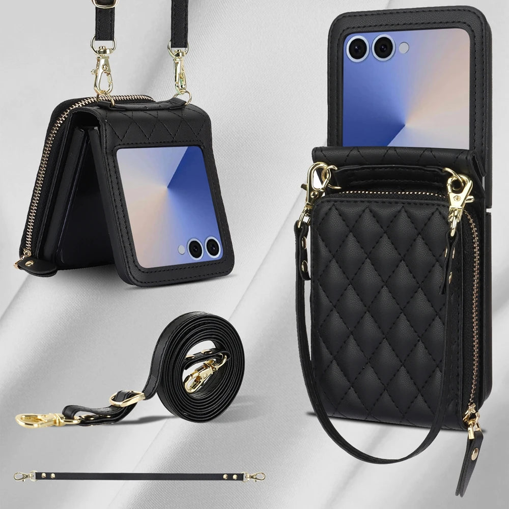 Shockproof Leather Crossbody Case with Lanyard and Wallet Pouch for Samsung Galaxy Z Flip 7