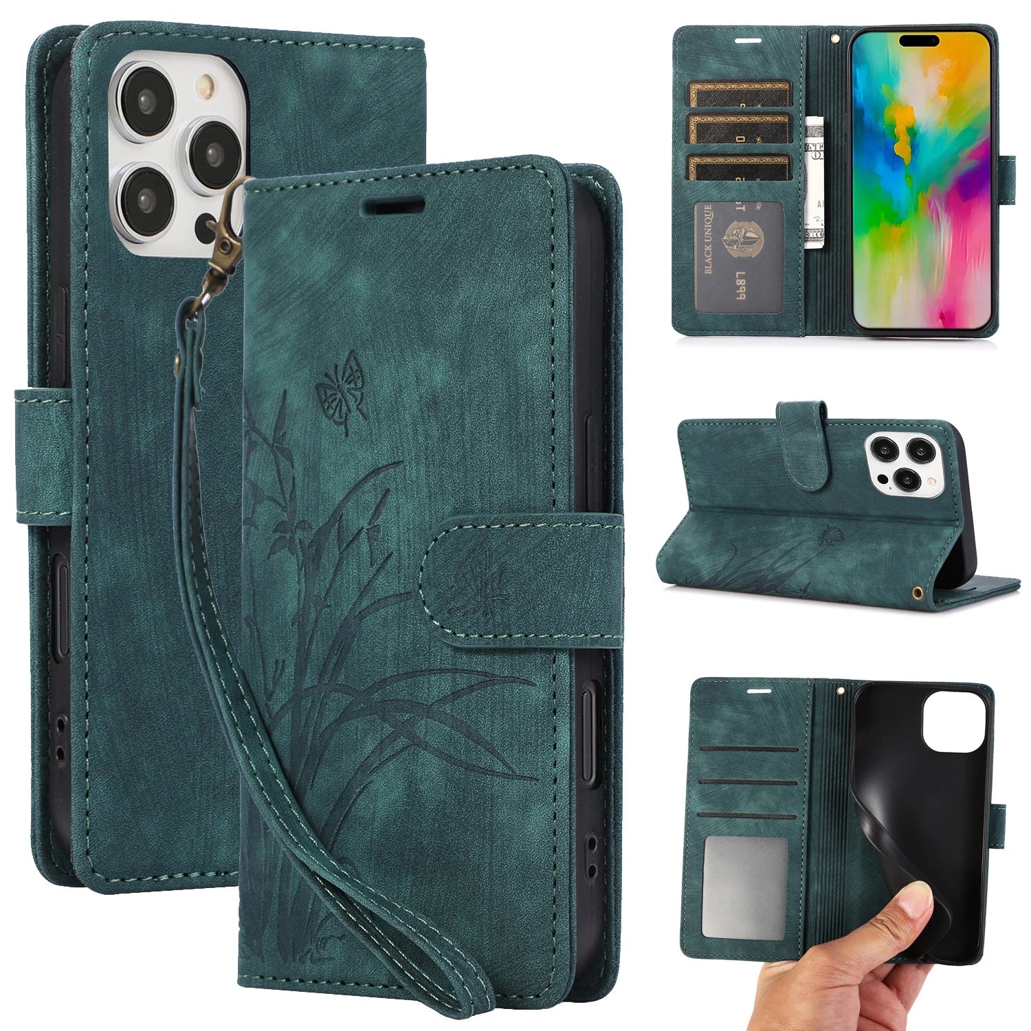 iPhone 16 Series Leather Wallet Case with Wrist Strap & Kickstand