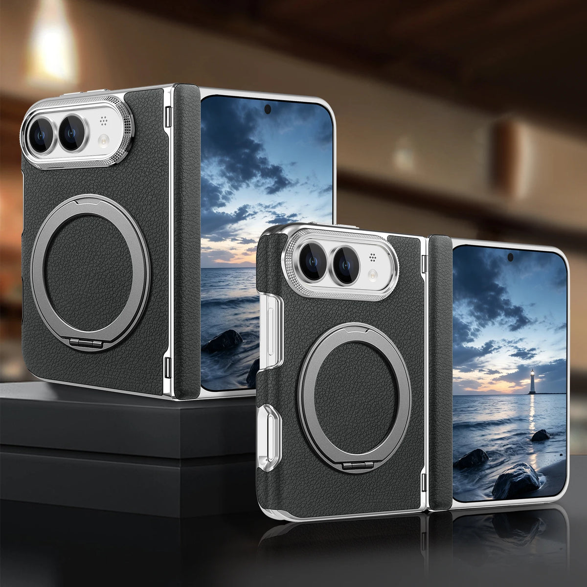 Shockproof Lychee Leather Case with 360° Rotating Ring Stand for iPhone Duo