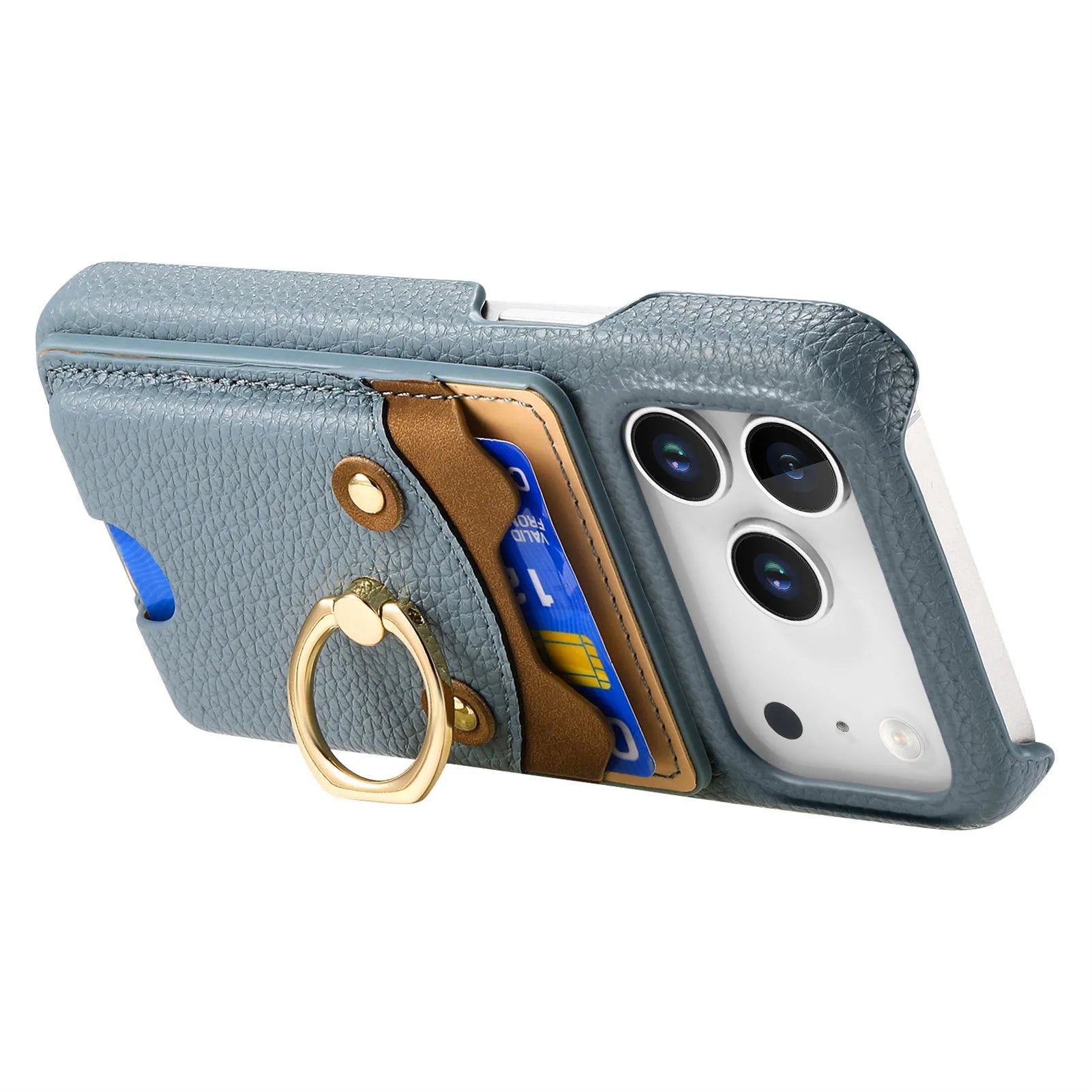 Premium Lychee Pattern Leather Wallet Case with Ring Holder & Vertical Card Slot for iPhone 17 Series