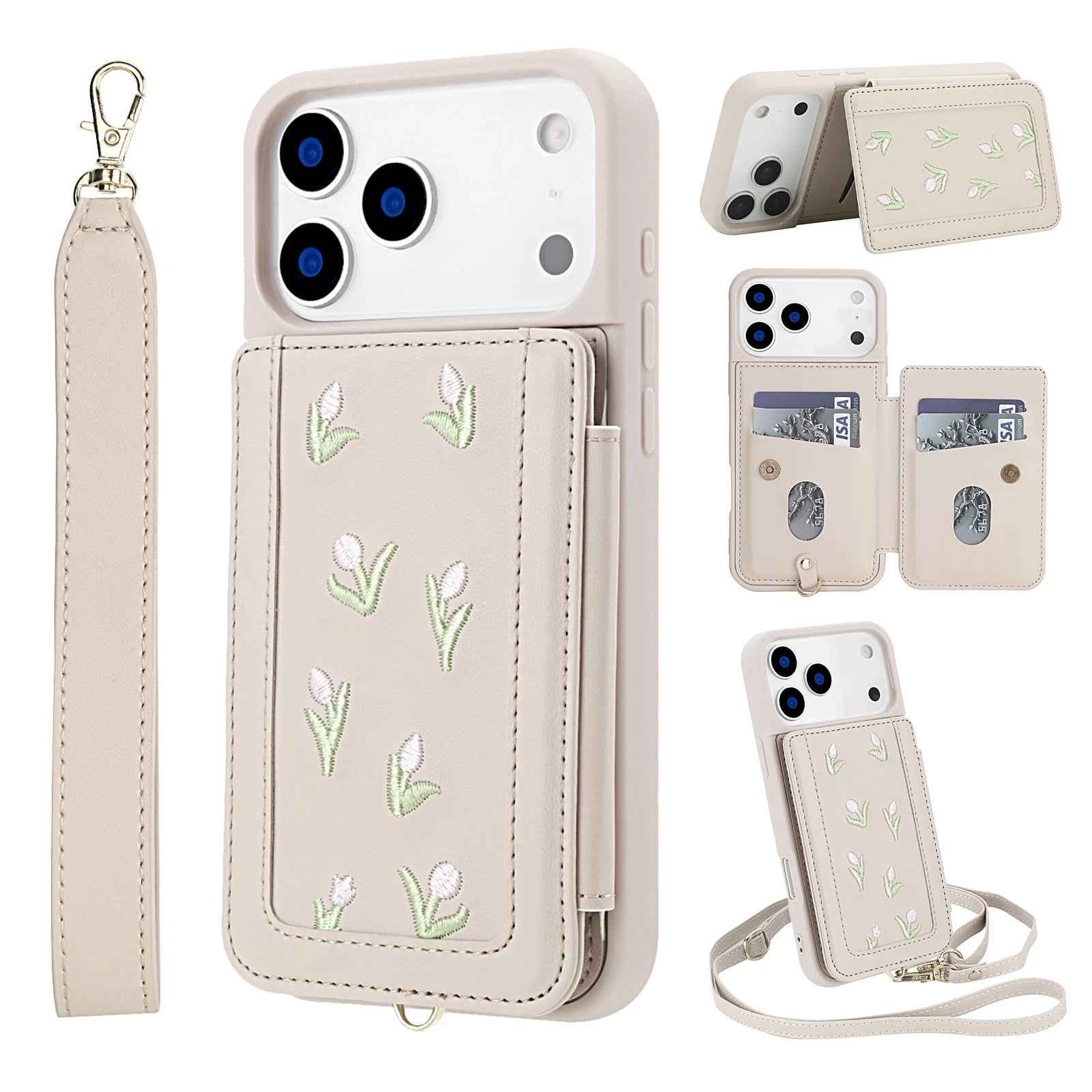 Skin Feel Embroidered Leather Wallet Case for iPhone 17 Series