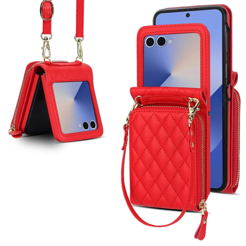 Shockproof Leather Crossbody Case with Lanyard and Wallet Pouch for Samsung Galaxy Z Flip 7