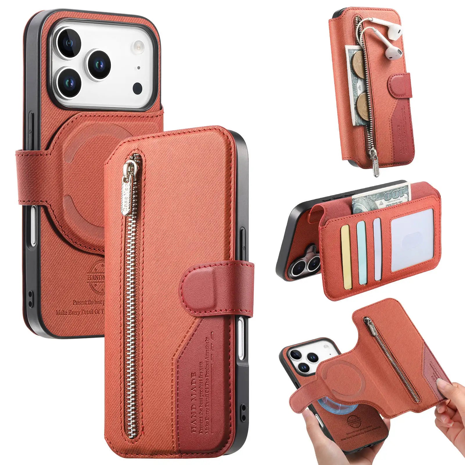 Shockproof Leather Flip Case with Detachable Zipper Wallet for iPhone 17 Series