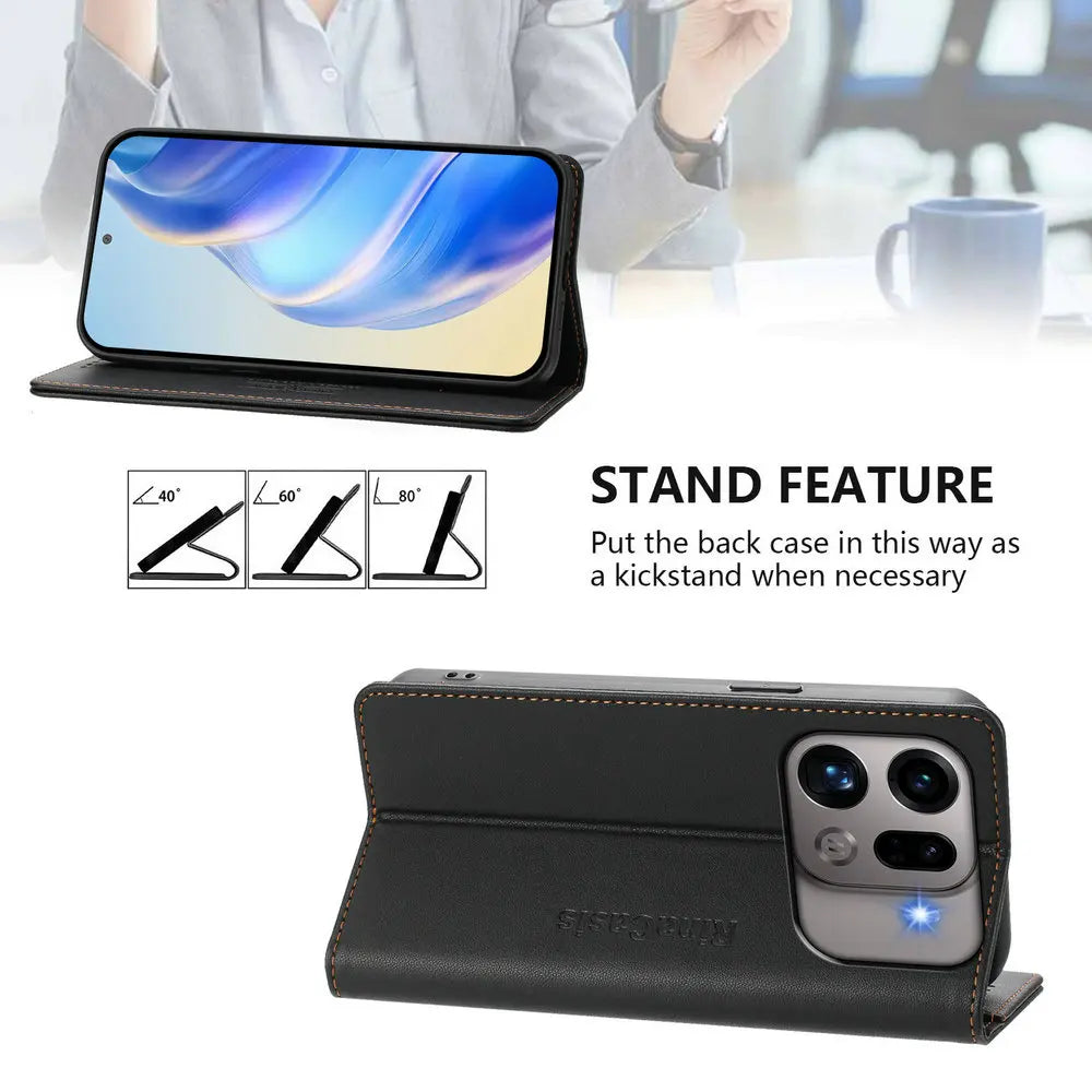 RFID Blocking Leather Wallet Flip Case with Adjustable Kickstand for OPPO Find X9 Series