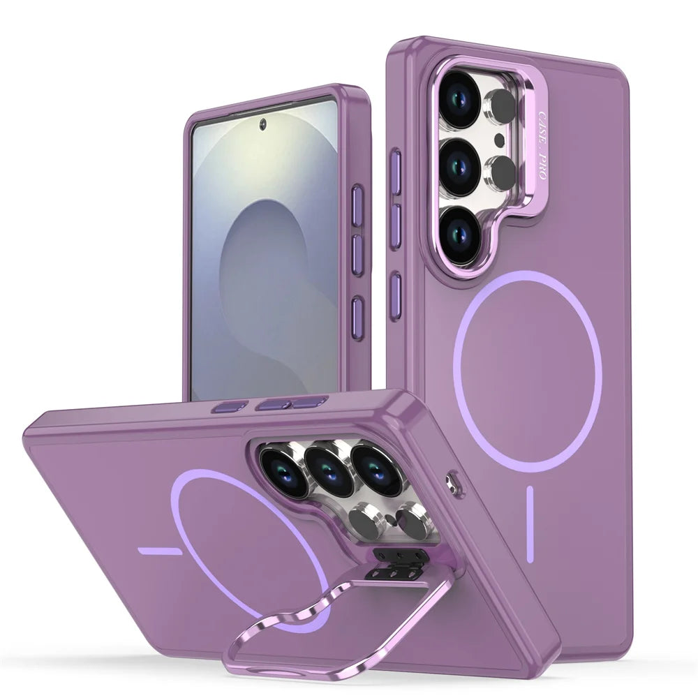 Silicone Magnetic Case with Metal Lens Stand for Samsung Galaxy S24 Series