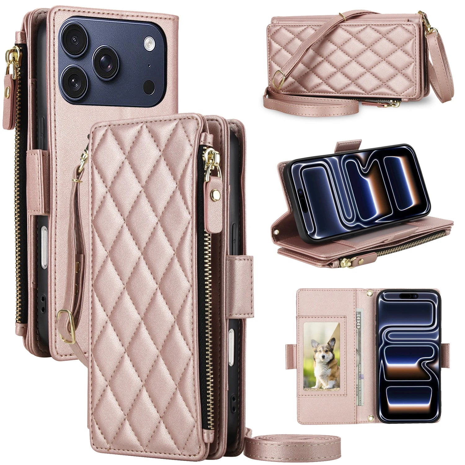 Crossbody Leather Wallet Case with Zipper and Card Slots for iPhone 17 Series