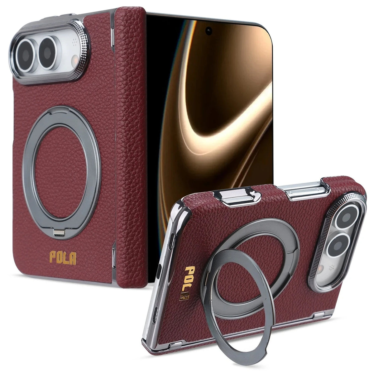 Litchi Grain Leather MagSafe Case with 360° Rotating Ring Stand for iPhone Duo
