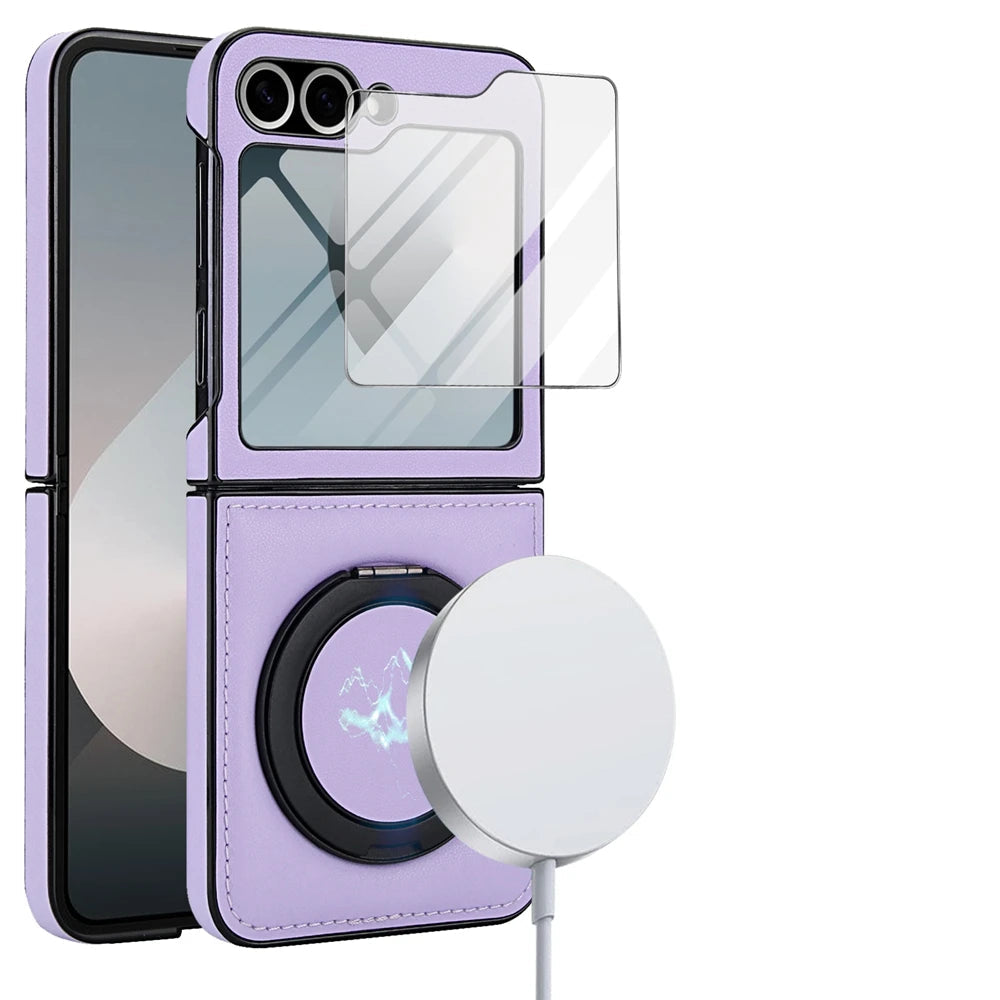 Protective Leather Magnetic Case with Ring Bracket & Glass Film for Samsung Galaxy Z Flip 6