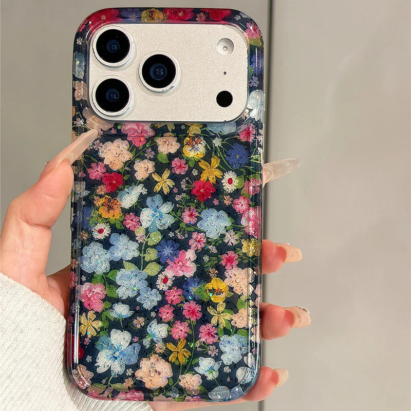 Shockproof Case with Shiny Glitter Floral Back for iPhone 17 Series