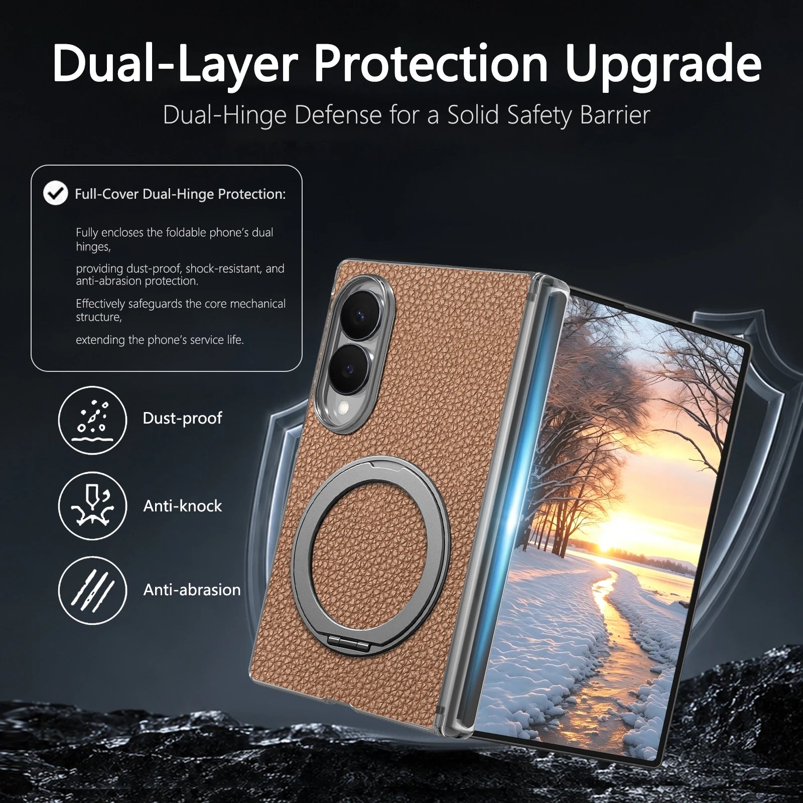 Premium Lychee Pattern Magnetic Leather Case with Ring Holder for Samsung Galaxy Z Fold 8