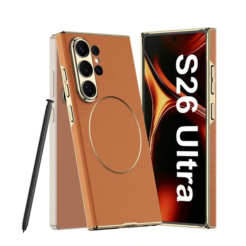 Luxury Electroplated Vegan Leather Magnetic Case for Samsung Galaxy S26 Ultra
