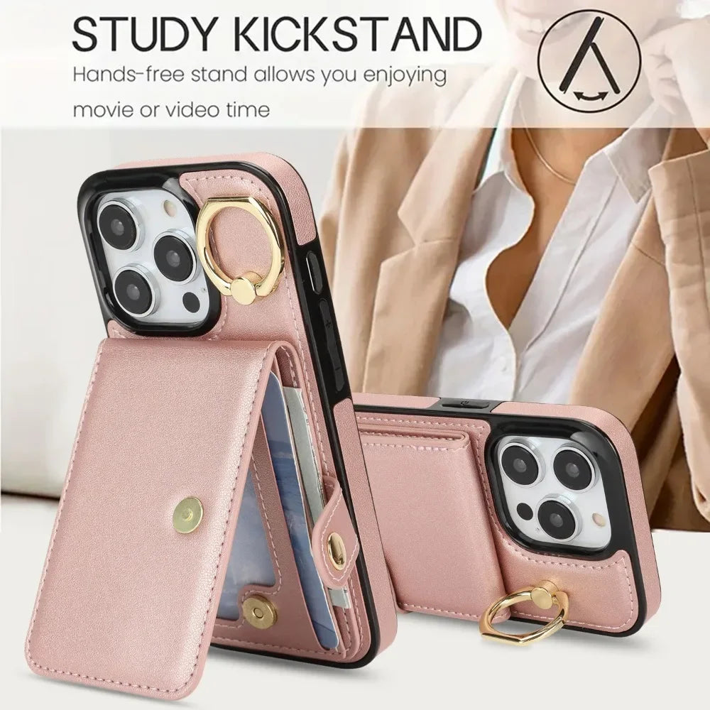 PU Leather Wallet Case with Card Slot and Ring Holder for iPhone 15 Series – Stylish & Functional
