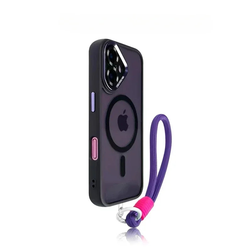 Luxury Metal Lens MagSafe Case with Hand Strap for iPhone 16 Series