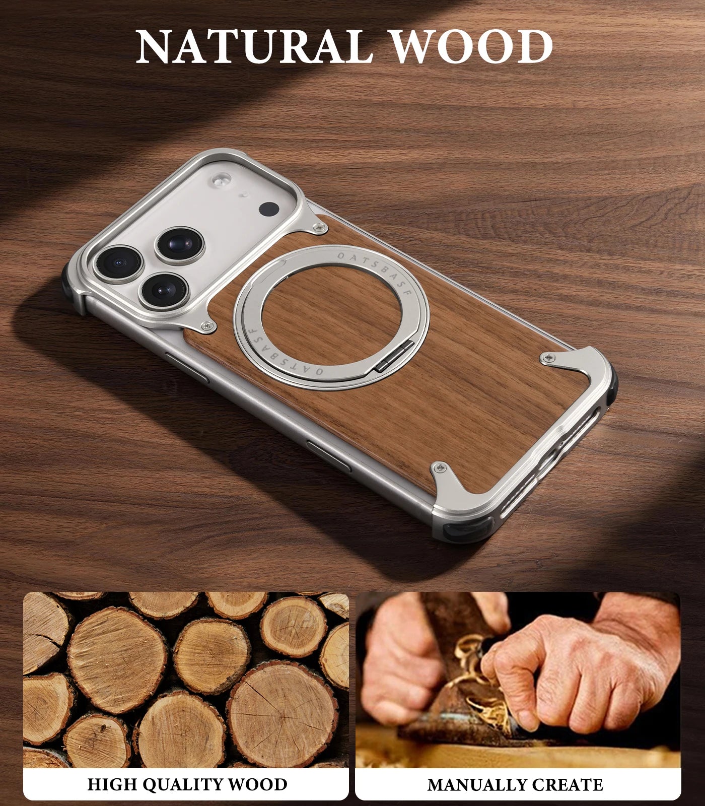 Shockproof Wooden MagSafe Case with 360° Kickstand Ring for iPhone 17 Pro & Pro Max