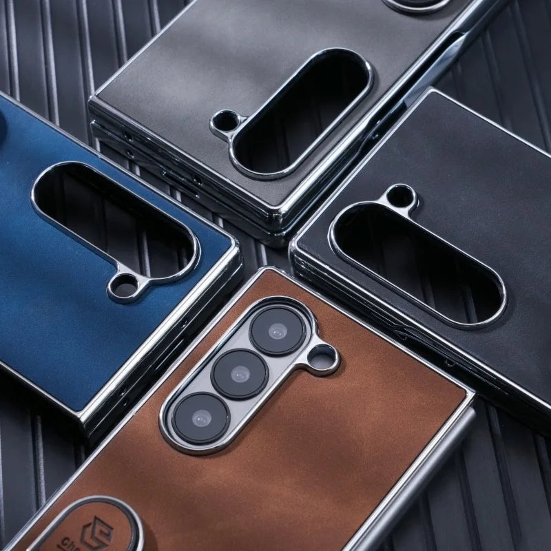 PC Shell Leather Textured Plating Case with Fingertip Holder for Samsung Galaxy Z Fold 6