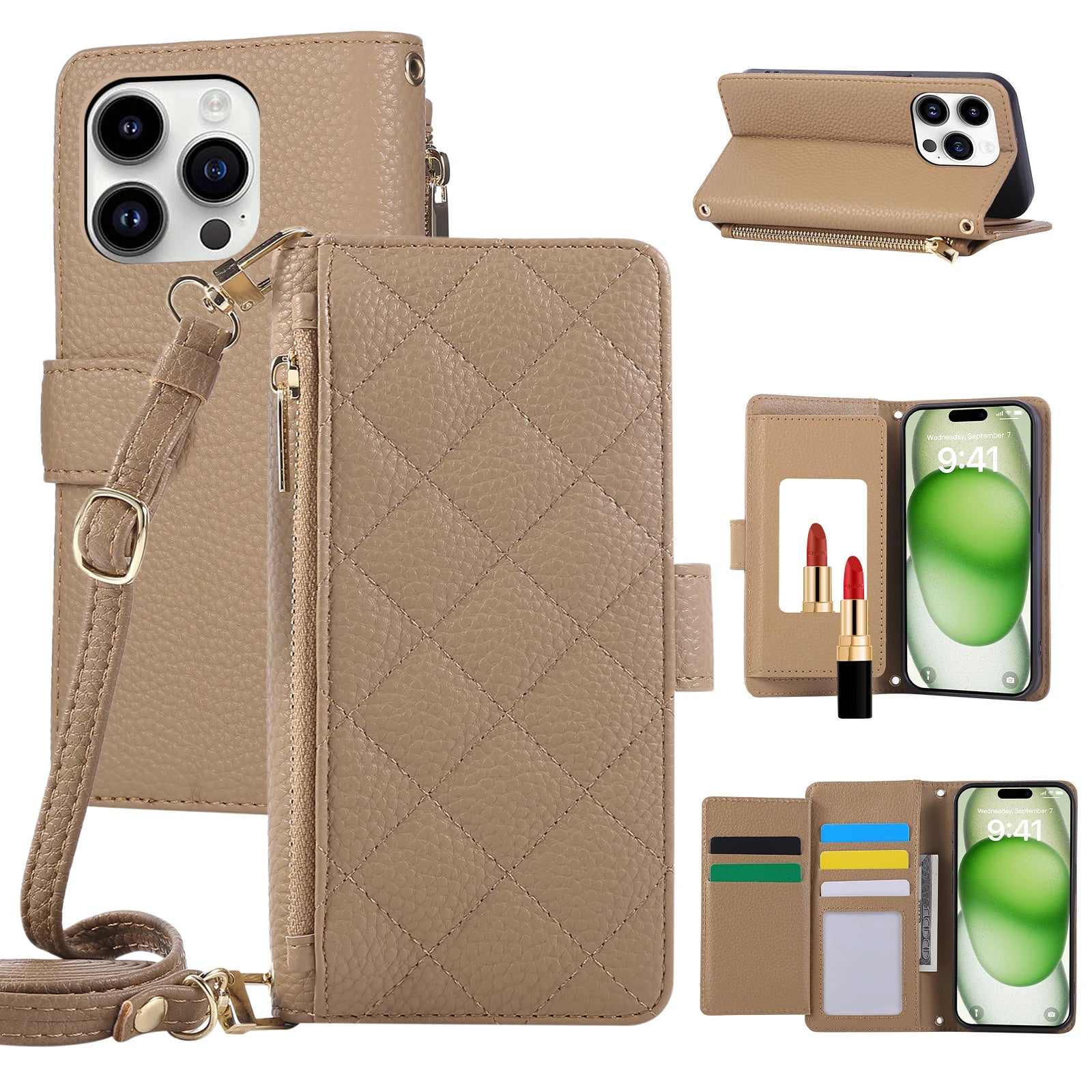 Crossbody Leather Wallet Case with Card Holder for iPhone 15 Series