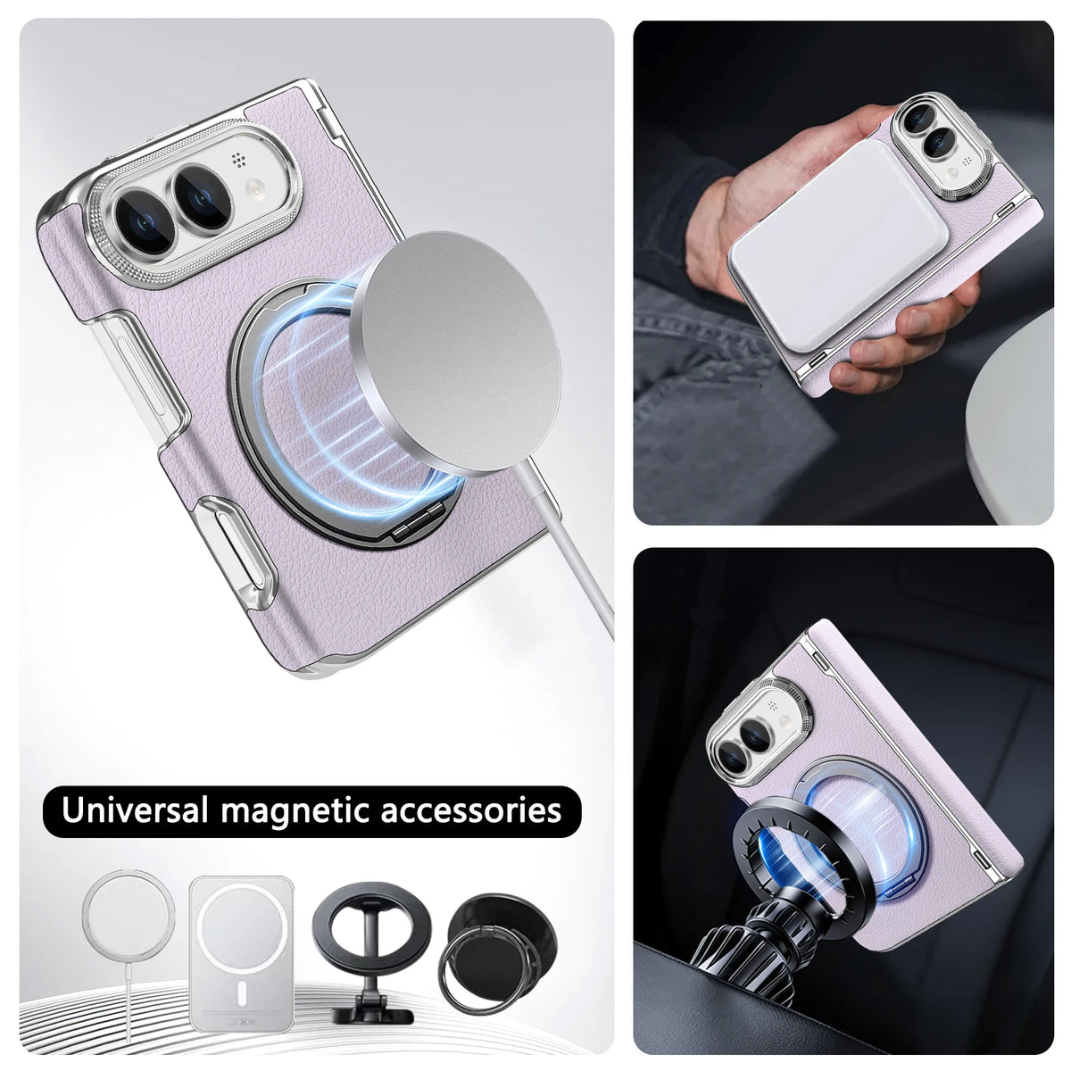 Lychee-Pattern Leather MagSafe Stand Case for iPhone Duo