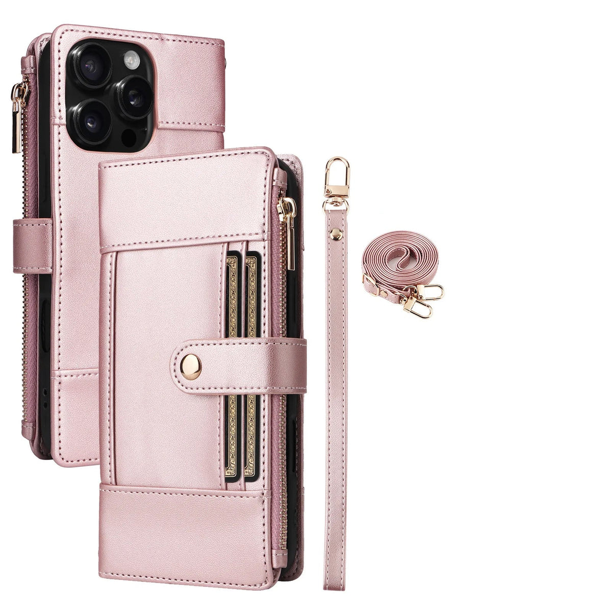 Crossbody Lanyard Wallet Case with Zipper & Card Holder for iPhone 16 Series