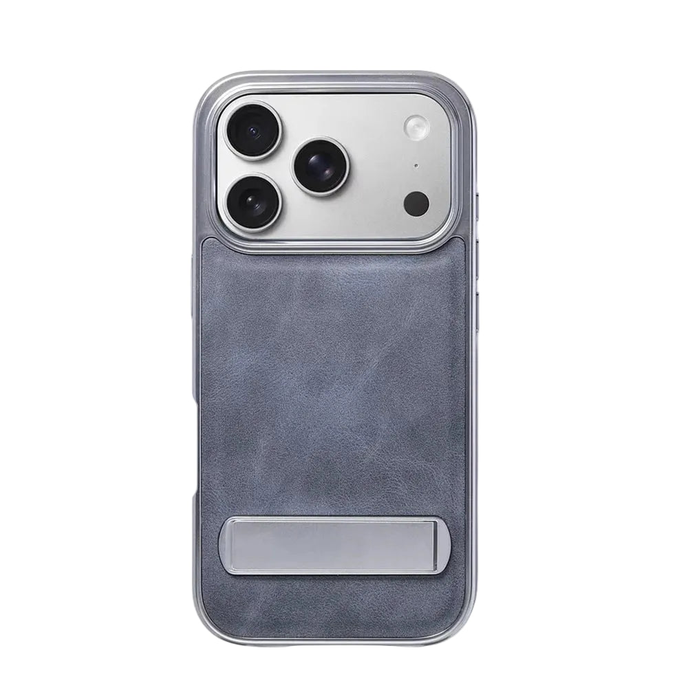 Luxury Electroplated PU Leather Case with Foldable Alloy Stand for iPhone 17 Series