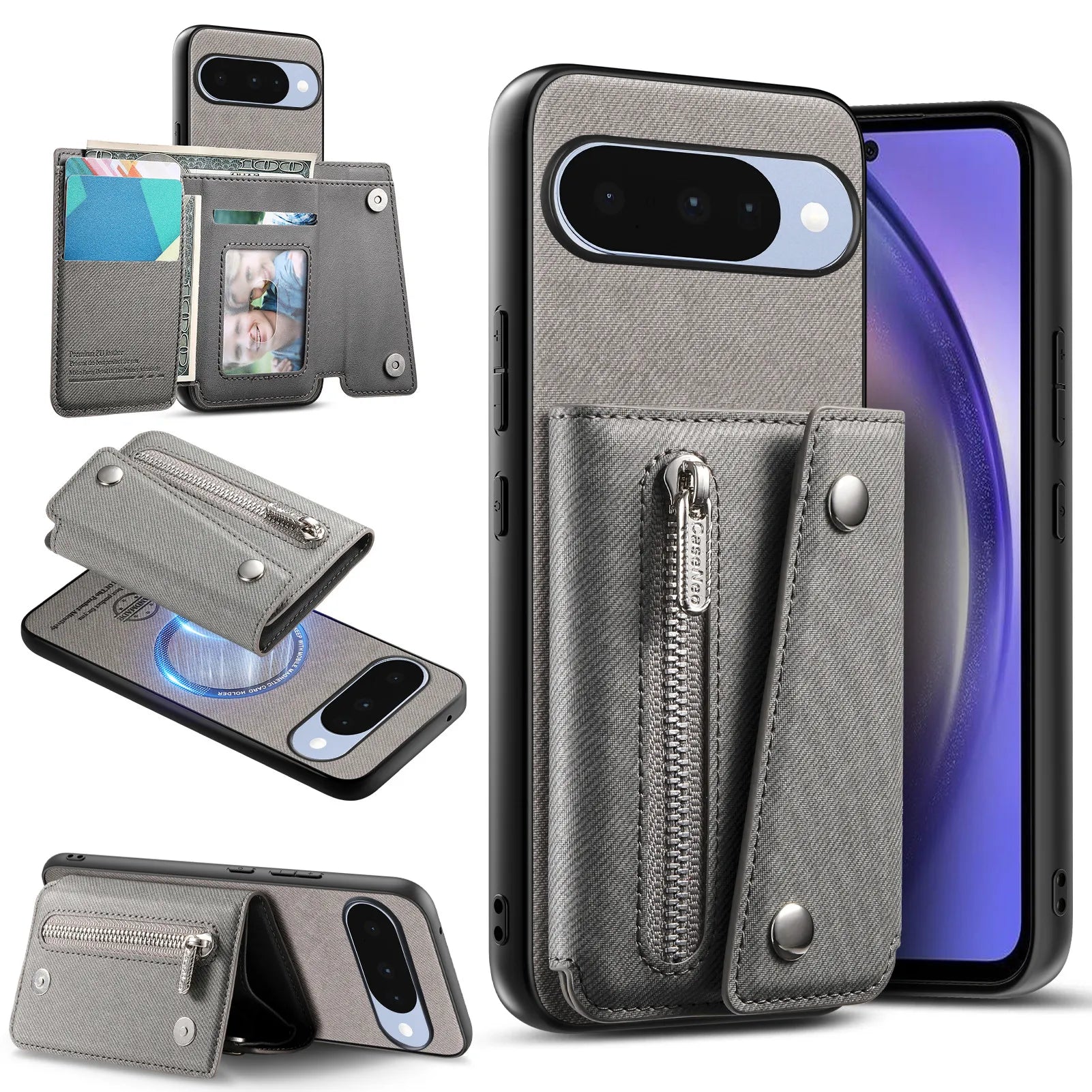 Denim Textured Leather Magnetic Case with Wallet Pocket for Google Pixel 9 Series